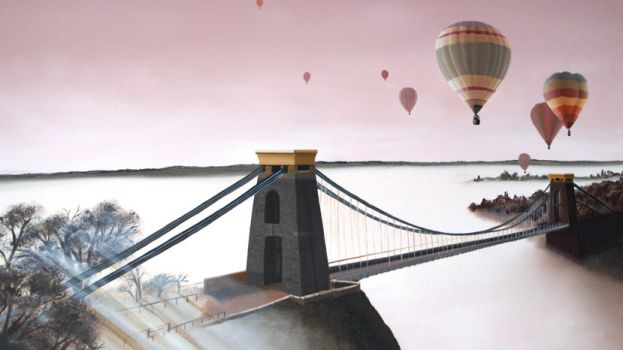 A striking painting from Andrew Bill of colourful balloons and the Clifton suspension bridge